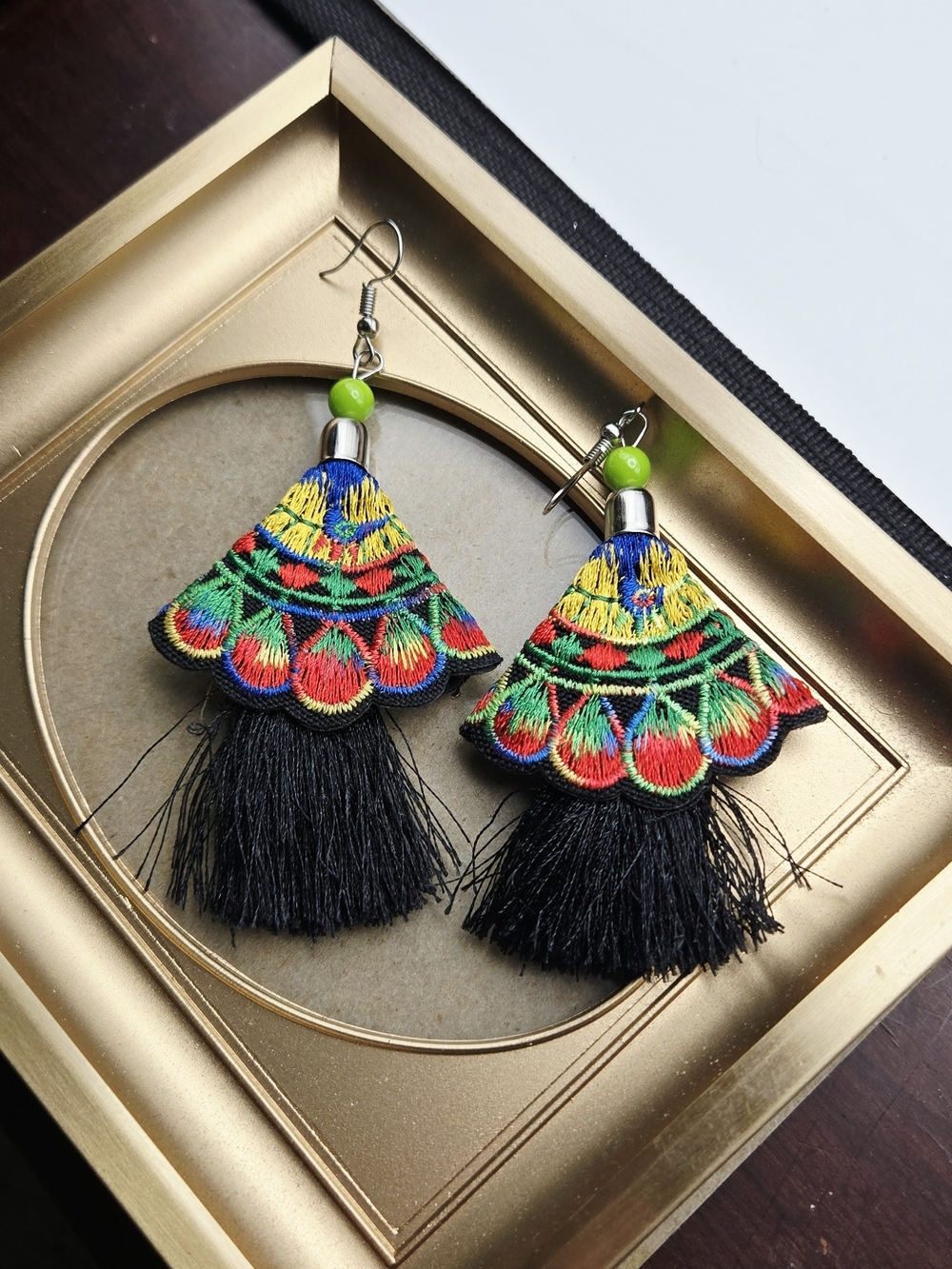 Colorful Embroidered Black Tassel Drop Earrings with Green Accent